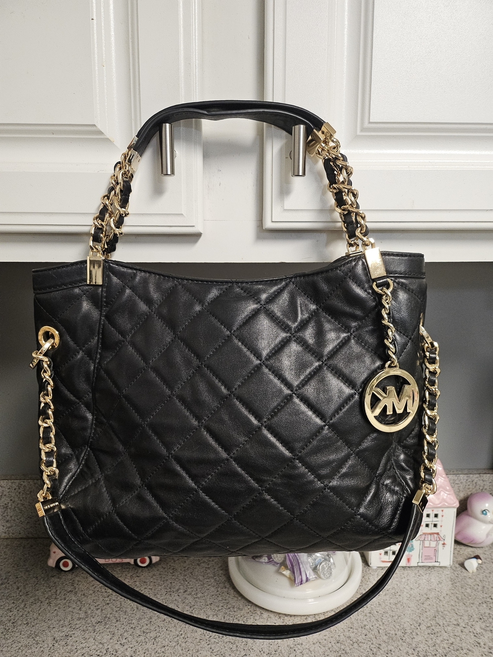 Michael Kors Quilted Black Leather Tote with Gold Chain Strap